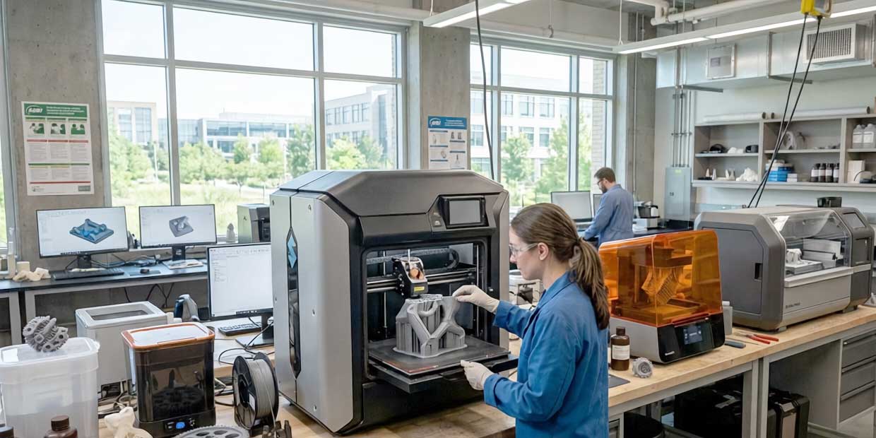 Additive Fertigung: 3D-Drucker und gedruckte Bauteile in einer Musterwerkstatt