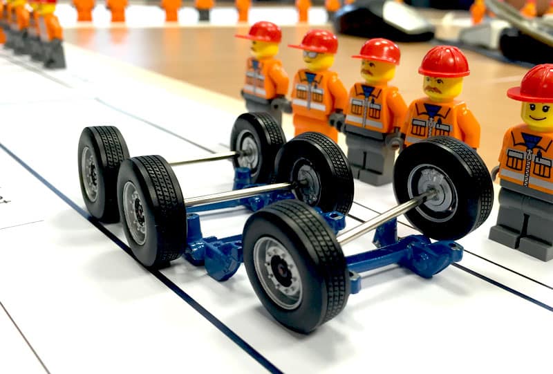 Fahrwerkskomponenten und Figuren auf dem Layoutplan: Auftragsabwicklung am Modell simuliert